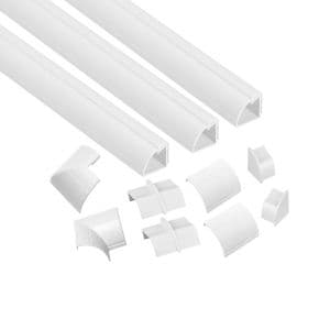 Three white D-Line quadrant trunking lengths (22mm x 22mm, 1 metre each) with various accessories for cable management, featuring smooth, durable plastic construction.