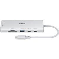 Silver D-Link 10-in-1 USB-C Hub with multiple ports, including HDMI, USB, and SD card slots, attached cable.