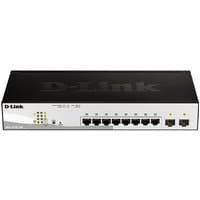 Black D-Link 10-port Gigabit switch with 2 SFP ports, LED indicators, and sleek rectangular design.