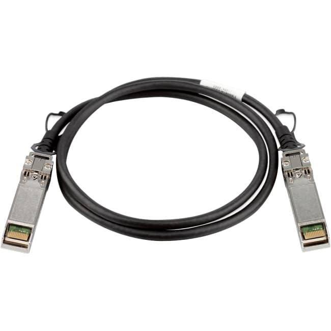 Black 1M SFP+ direct attach stacking cable with two metal connectors on each end, designed for high-speed data transfer and network connectivity.
