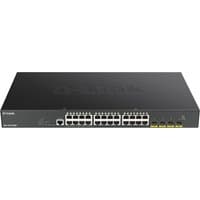 Black D-Link 24-port Gigabit PoE switch with 4 yellow 10G SFP+ ports, sleek design, and 370W power capacity.
