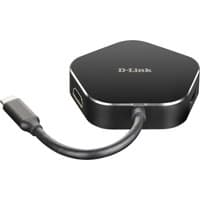 Black D-Link 4-in-1 USB-C Hub with HDMI port, power delivery, and compact hexagonal design.