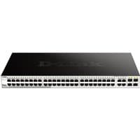 Black D-Link 48-port gigabit switch with 4 combo 1000BASE-T/SF ports, sleek design, and LED indicators