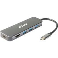 Gray D-Link 5-in-1 USB-C Hub with HDMI, three USB ports, and power delivery port, compact design with short cable.
