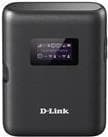 Compact black D-Link 4G/LTE Cat 6 Wi-Fi hotspot with a small display screen, featuring multiple connectivity standards and a sleek design for mobile internet access.