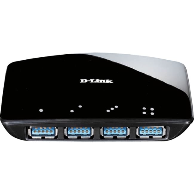 Black D-Link 4 Port USB 3.0 Hub with four blue USB ports, sleek curved design, and LED indicators on the top, powered by an external adapter.