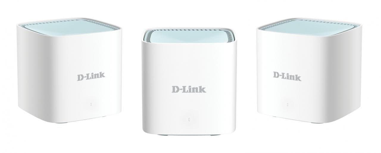 Three white D-Link EAGLE PRO AI AX1500 mesh WiFi units with a glossy top, featuring the D-Link logo, designed for dual-band 2.4GHz and 5GHz connectivity.