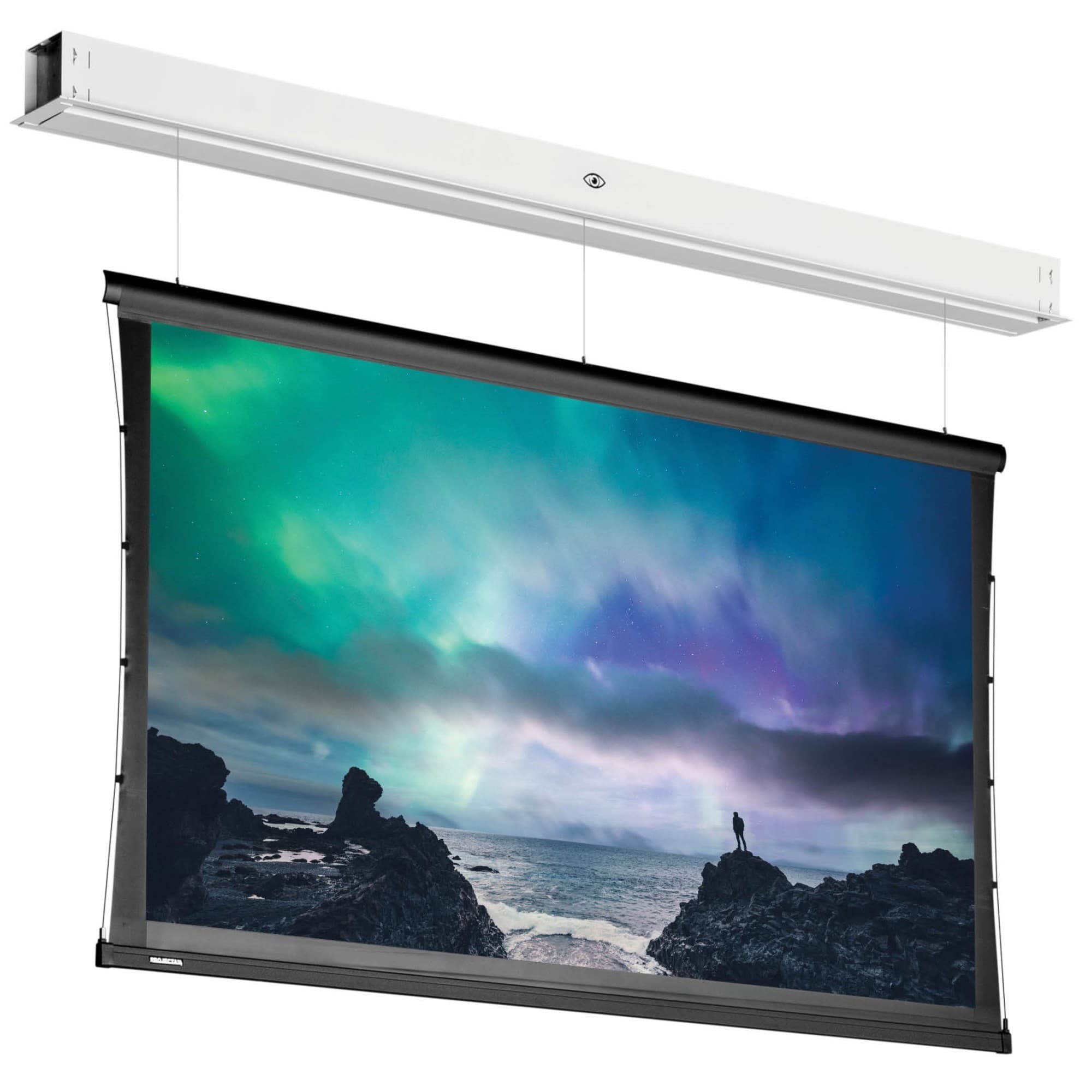 Da-Lite DescenderPro 2.48 m (97.6") projection screen with a sleek black frame, mounted on a white ceiling bracket, displaying a vibrant, colorful landscape scene.