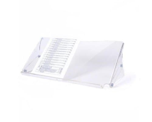Clear acrylic document holder with adjustable angle, featuring a sleek design and multiple slots for organizing documents, ideal for maintaining visibility and accessibility.