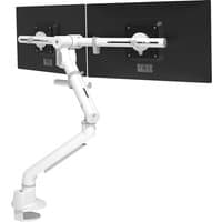 White Dataflex dual monitor arm with adjustable joints and clamps, supporting two black screens, max load 4 kg each.