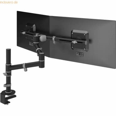 Black Dataflex Viewgo Monitor Arm with dual monitor support, featuring adjustable arms and a sturdy clamp for desk attachment, designed for ergonomic workspace optimization.