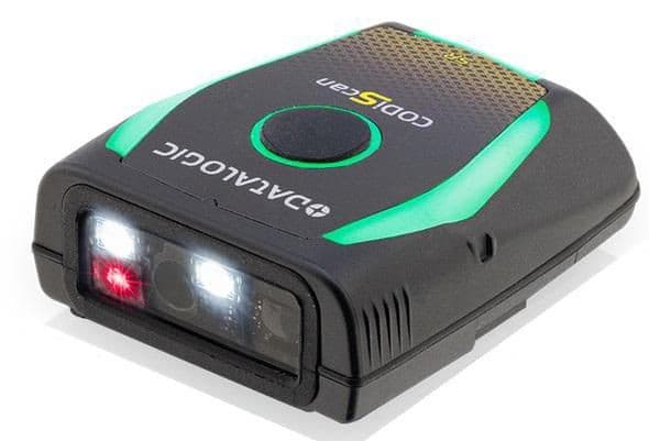 Datalogic CODiScan in black and green features a sleek design with a prominent button and LED lights for scanning, equipped with Bluetooth connectivity for wireless use.