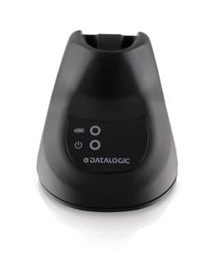 Black Datalogic cradle with a sleek, curved design, featuring two buttons and a logo on the front, designed for charging and docking devices.