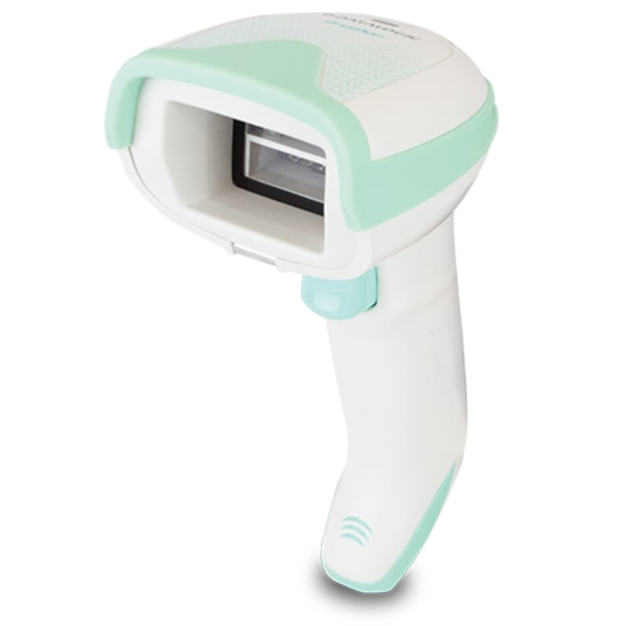 Handheld barcode reader in white and mint green, featuring a sleek design, a large scanning window, and ergonomic grip, suitable for 1D and 2D barcode scanning.