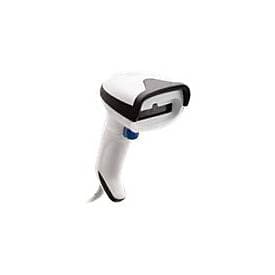 Handheld barcode reader in white with black accents, featuring a curved grip and a scanning window, designed for 1D linear barcode scanning.