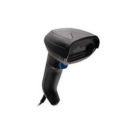 Handheld Datalogic Gryphon I GD4220 barcode reader in black, featuring a sleek design, ergonomic grip, and a blue trigger button for easy scanning of 1D linear barcodes.