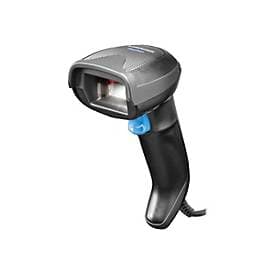 Black handheld barcode reader with a sleek design, featuring a blue trigger button and a laser scanning window, suitable for 1D and 2D barcode scanning.