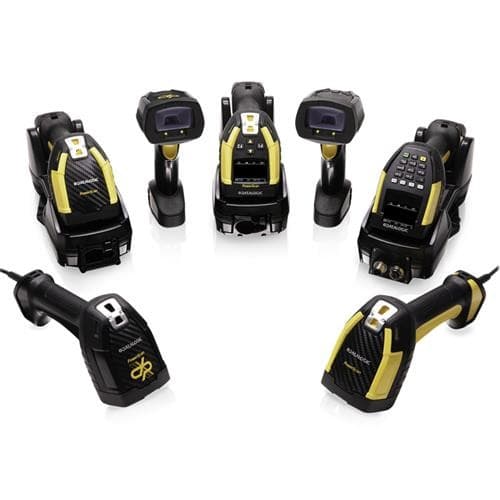 Handheld Datalogic PBT9600 barcode readers in various positions, featuring a black and yellow design, ergonomic grips, and laser scanning windows for 1D barcodes.