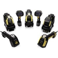 Black and yellow Datalogic PM9600 handheld barcode reader with ergonomic grip and multiple angle views.