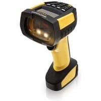 Yellow and black Datalogic PM9600 handheld barcode reader with keypad and display screen.