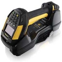 Black and yellow Datalogic PM9600 barcode reader with keypad and screen, ergonomic handle, and charging base.