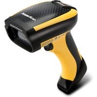 Black and yellow Datalogic PowerScan PM9100 handheld 1D barcode reader with LED light and ergonomic grip.
