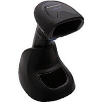 Black Datalogic QBT2500 handheld barcode reader with ergonomic grip and charging base.