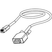 Black serial cable RS232 with RJ45 connector and DB9 connector, coiled design, by Datamax O'Neil.