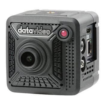 Compact black camera with a textured surface, featuring a prominent lens, red recording button, and multiple ports for connectivity on the side.