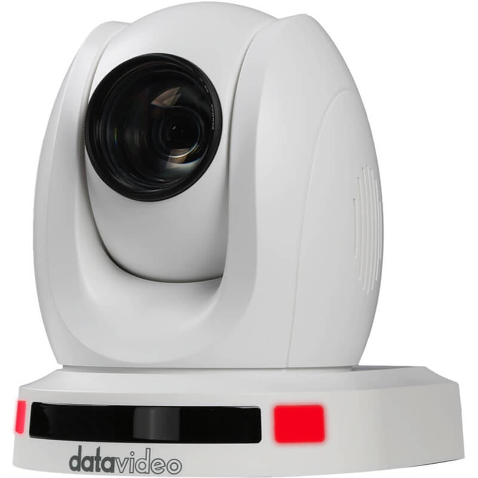 White DataVideo PTC-145W video conferencing camera with a 2.14 MP lens, featuring a sleek design, a prominent lens at the front, and red indicator lights on the base.