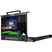 Black DataVideo TLM-170VM monitor with 17" screen, 1920x1080 resolution, control buttons, and carrying handle.