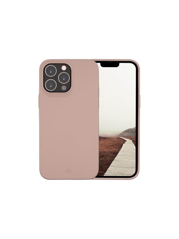 Pink sand leather case for iPhone 14 Pro Max, featuring a smooth finish and precise cutouts for camera and buttons, paired with a minimalist design.