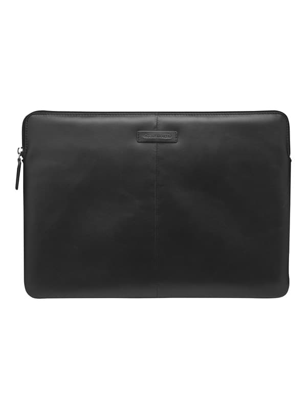 Black full grain leather laptop sleeve with a sleek design, featuring a zip closure and a subtle brand logo, compatible with 14-inch MacBook Pro and PCs.