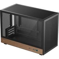 Black DeepCool CH260 WOOD Micro Tower with wood panel, mesh sides, and front USB ports.