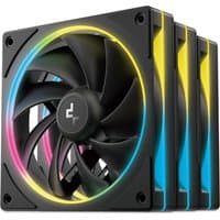 Black DeepCool FL12 SE 3IN1 computer case fan with RGB lighting and sleek design, featuring three 12 cm fans.