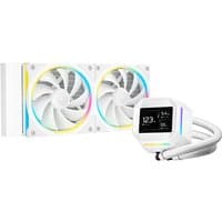 White DeepCool LM240 WH liquid cooling kit with dual 12 cm fans and hexagonal pump, RGB lighting accents.