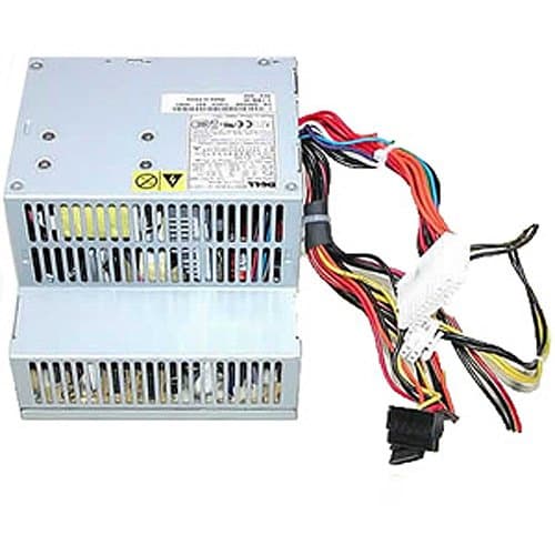 Silver metal power supply unit with multiple colored cables, featuring ventilation grilles and a label indicating 280W capacity, designed for Dell systems.