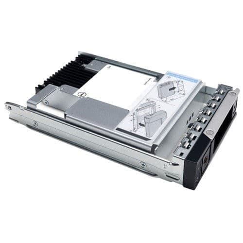 DELL 345-BFYM internal solid state drive, 7.68 TB, 2.5-inch size, featuring a silver metal casing with a cooling fin design and installation guide visible on top.
