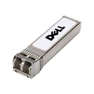 Dell 407-BBOP Network Transceiver Module in silver metal with a white label featuring the Dell logo, designed for 10,000 Mbit/s SFP+ connections at 1310 Nm.