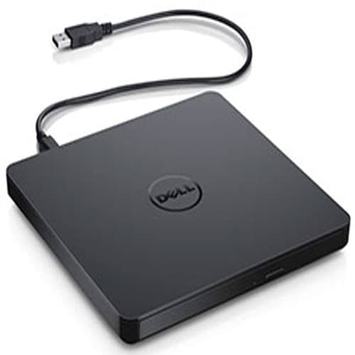Black DELL 429-AAUQ Optical Disc Drive DVD±RW with a sleek design, featuring a USB cable for connectivity and a simple, flat surface.