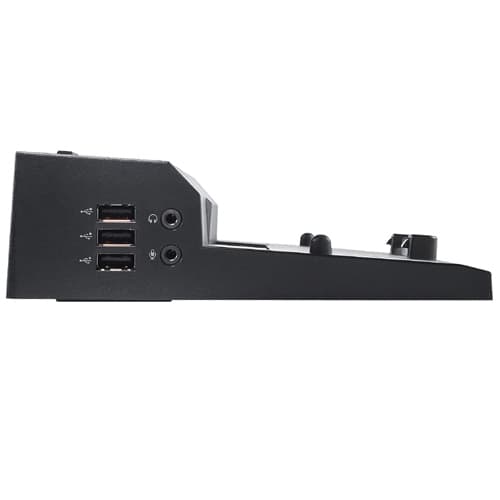 Black Dell 452-11428 laptop docking station featuring multiple USB ports, audio jacks, and a sleek, angled design for easy connectivity.