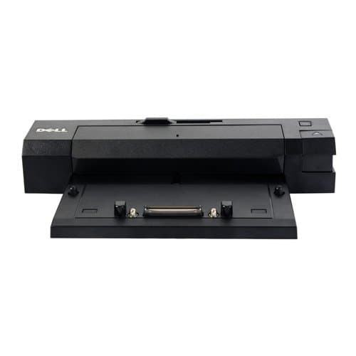 Black Dell 452-11512 laptop docking station featuring a sleek design with multiple ports, a flat base for stability, and a compact size suitable for desk use.