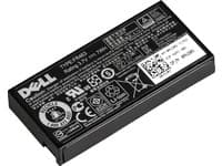 Black rectangular lithium-ion battery with printed labels and logos, featuring a barcode and various safety symbols, designed for Dell laptops.
