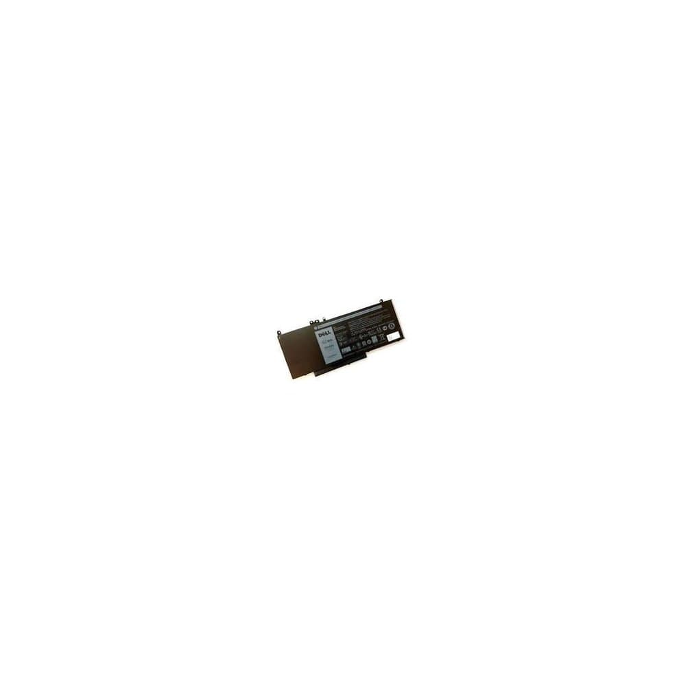 Black rectangular laptop battery with a Dell label, featuring a white and black information sticker, and multiple connection points along one edge.