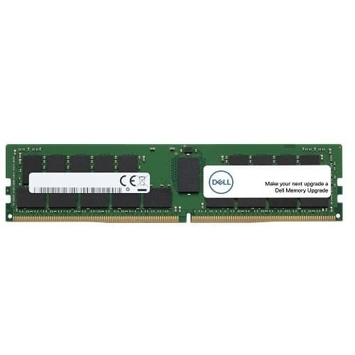 Green circuit board with a single 32 GB DDR4 ECC memory module, featuring black memory chips, a Dell logo, and a white label with product information.