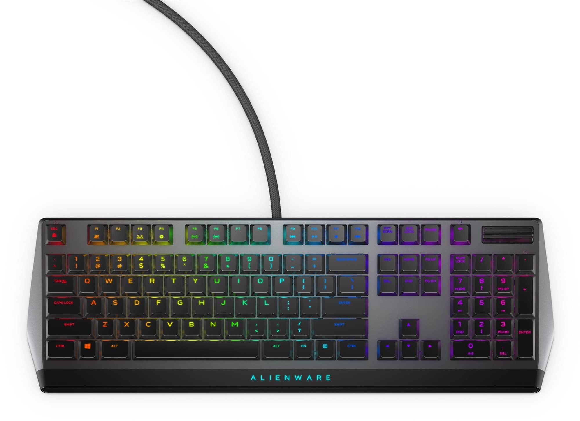 Alienware 510K low-profile RGB mechanical gaming keyboard in dark gray with customizable multicolor backlighting, featuring a sleek design and US layout keys.