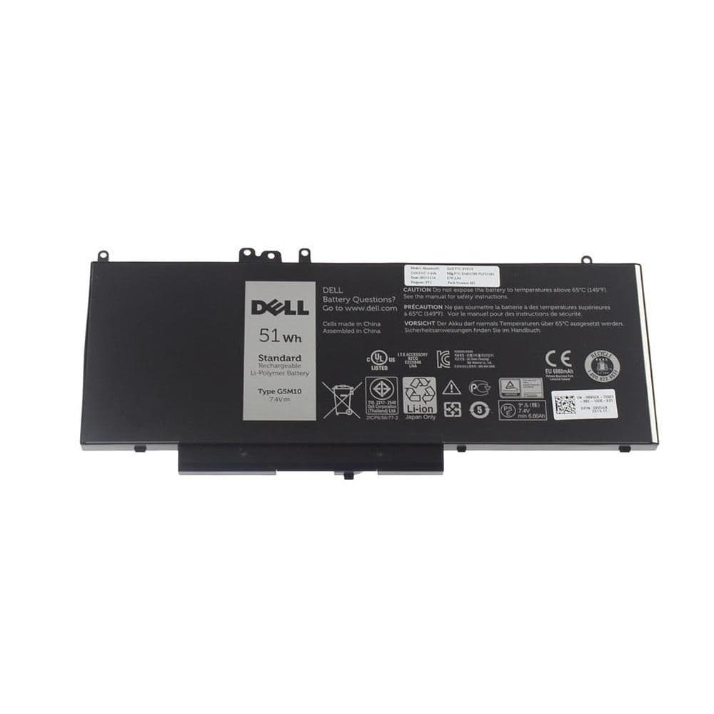 Black 4-cell lithium-ion battery with a capacity of 51Wh, featuring a label with specifications and safety information, designed for Dell E5450 and E5550 laptops.