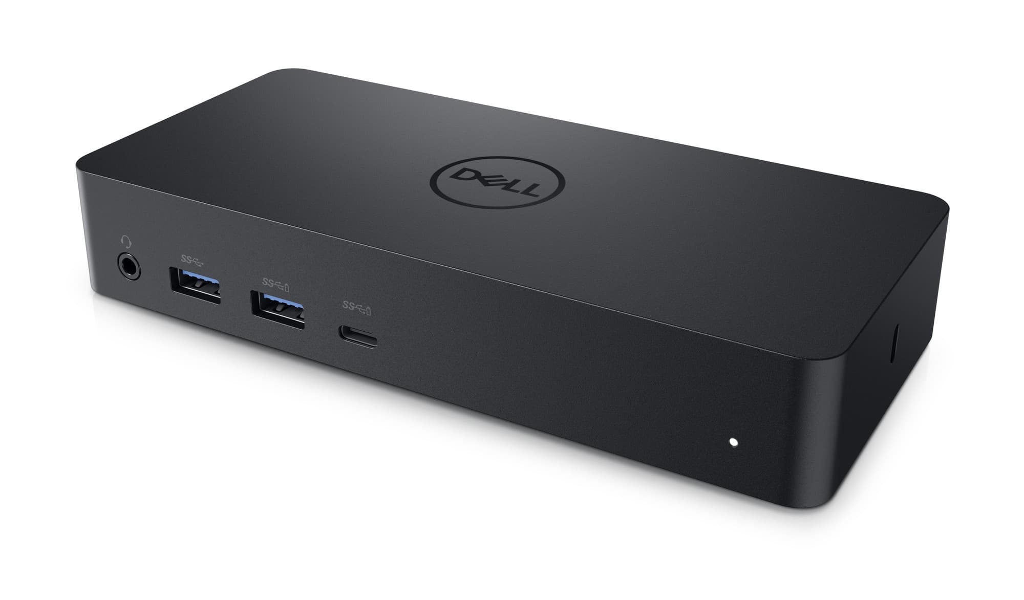 Black DELL D6000 USB 3.2 Gen 1 Type-C dock featuring multiple USB ports, a headphone jack, and a sleek rectangular design with a prominent DELL logo on top.
