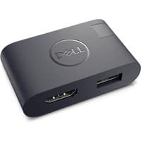 Black Dell USB-C to HDMI 2.0/USB-A adapter with Dell logo, HDMI and USB-A ports on the side.