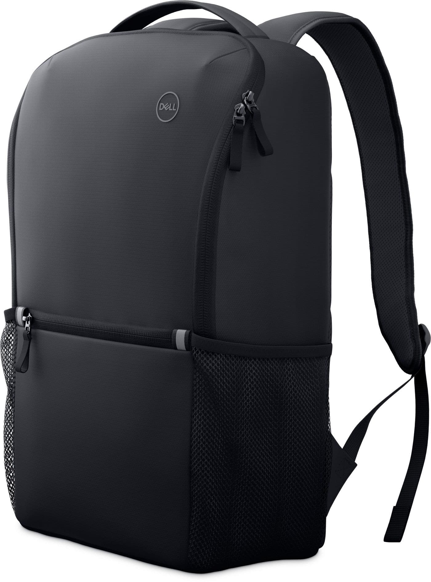 Sleek black Dell EcoLoop Essenil backpack featuring a smooth exterior, padded straps, a front zip pocket, and mesh side pockets for water bottles.